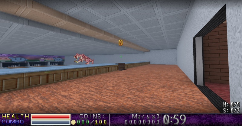 Picture of a bowling alley in the game. A weak tiger just jumped over a counter to the left.