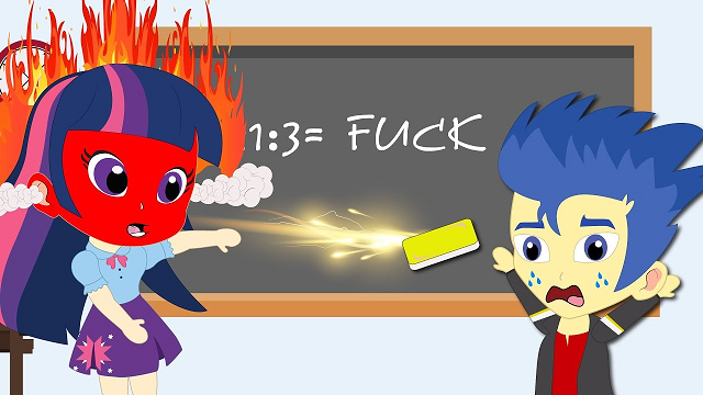 Twilight Sparkle angrily throwing an eraser at Flash for answering with cursing.