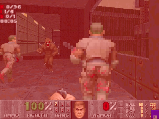 Screenshot of Final Doom's TNT: Evilution running in Crispy Doom with a small blue diskette in the bottom right corner of the image.