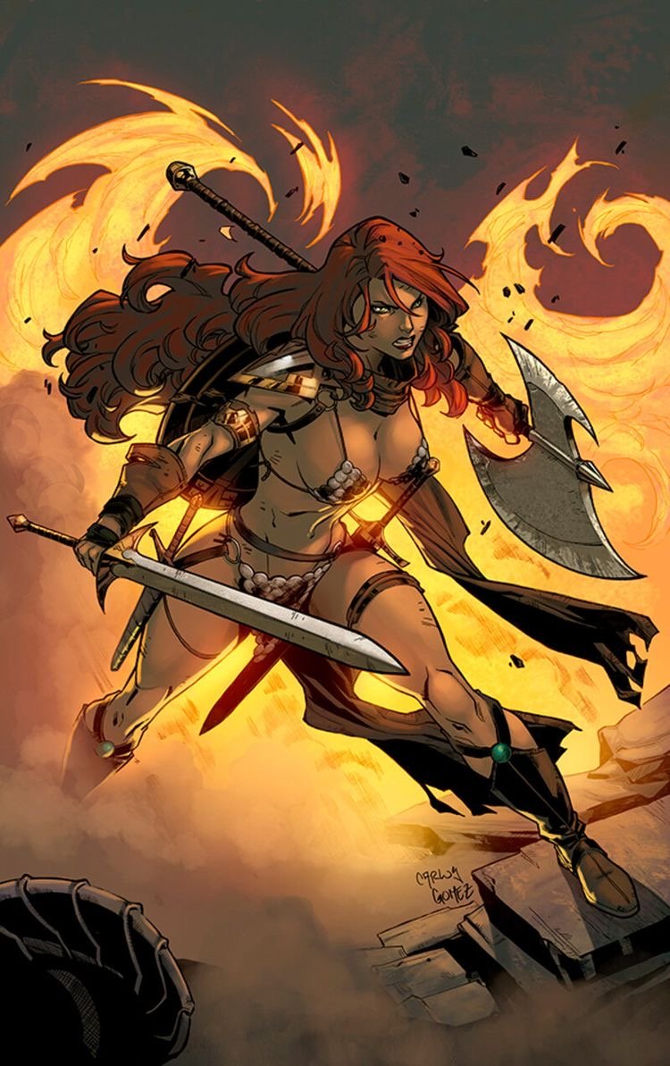Red Sonja in front of fire, clutching an axe and sword
