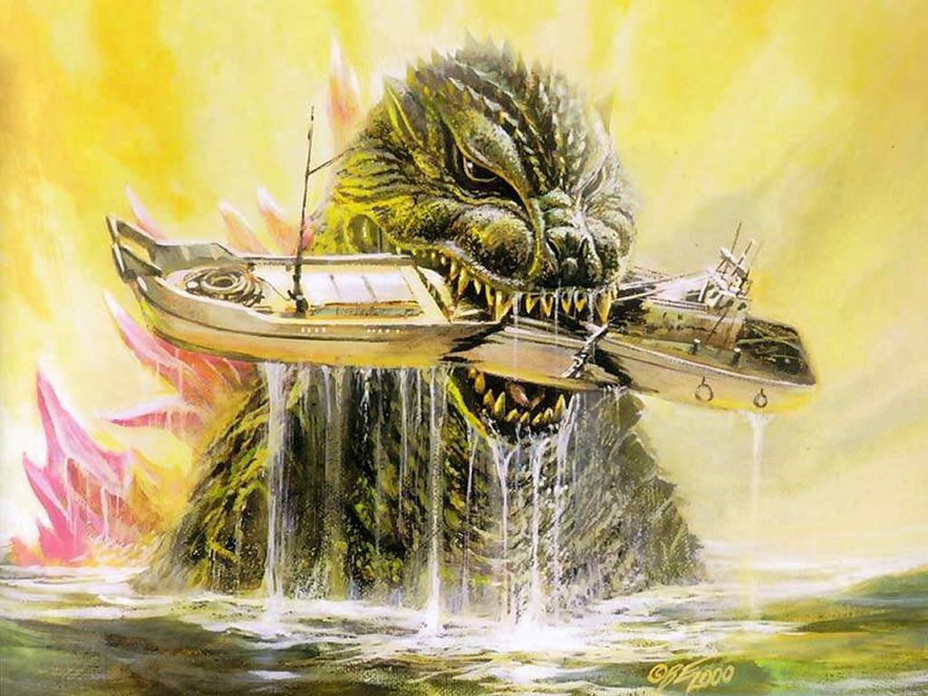 Godzilla 2000 clutching a ship in his jaws