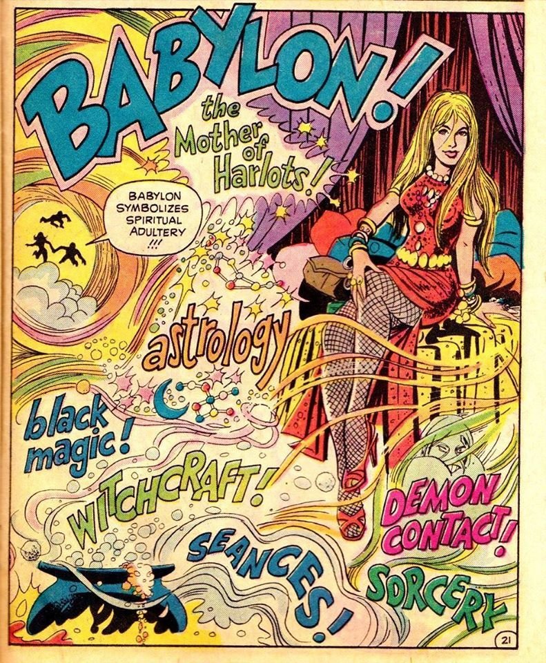 A comic book page about "Babylon! The Mother of Harlots!"