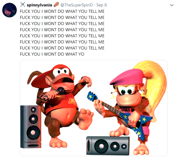 Diddy Kong sings "Killing in the Name"