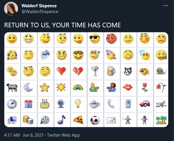 A tweet with a screengrab of MSN Messenger emotes: "RETURN TO US, YOUR TIME HAS COME"