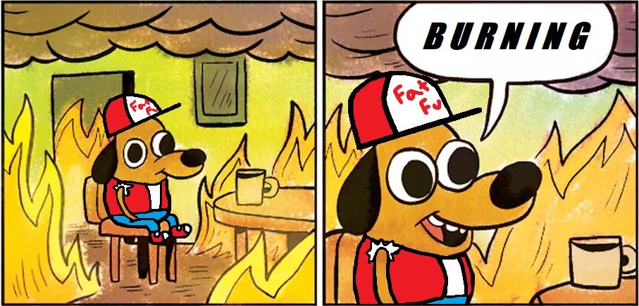"This is Fine" dog, dressed as Terry Bogard, says "Burning"