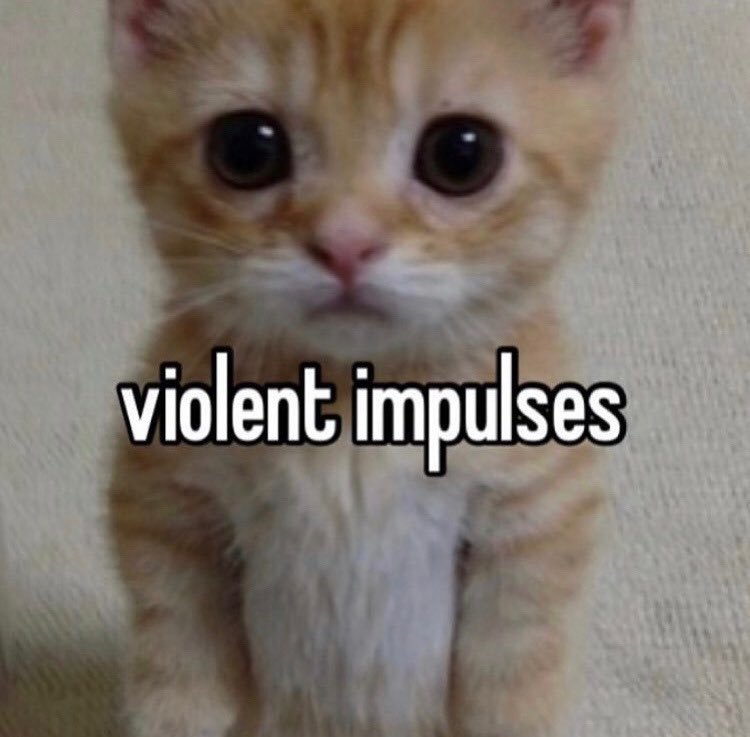 Sad kitty with the caption "Violent impulses"