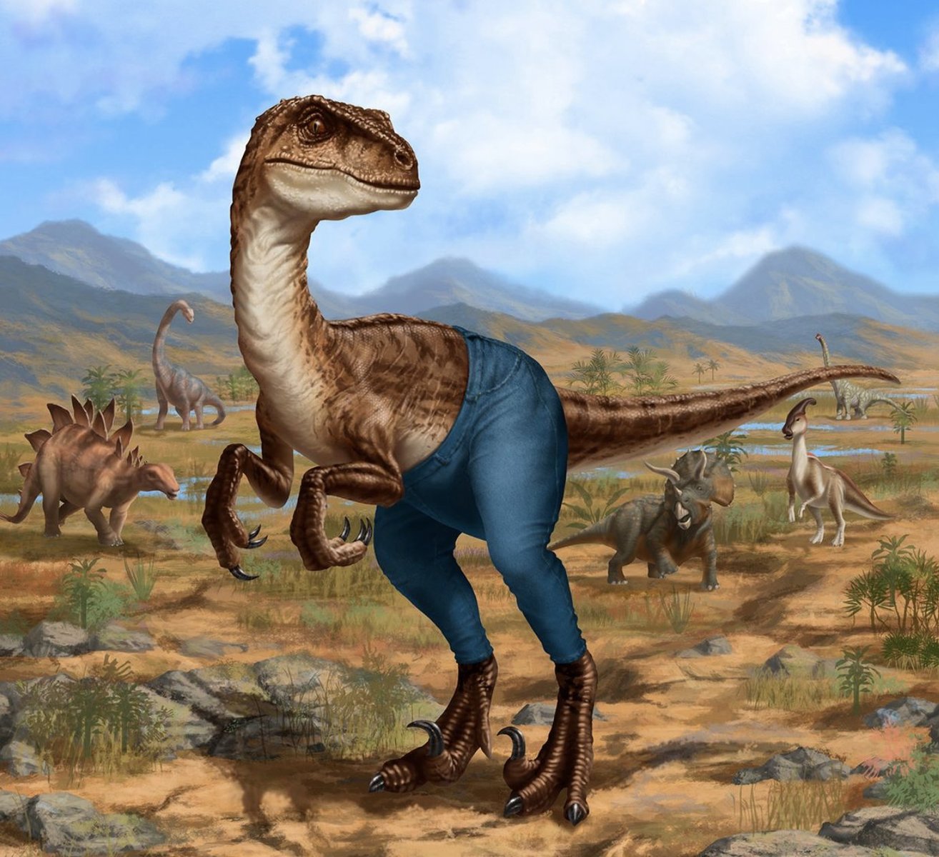 Artwork of a velociraptor wearing denim jeans