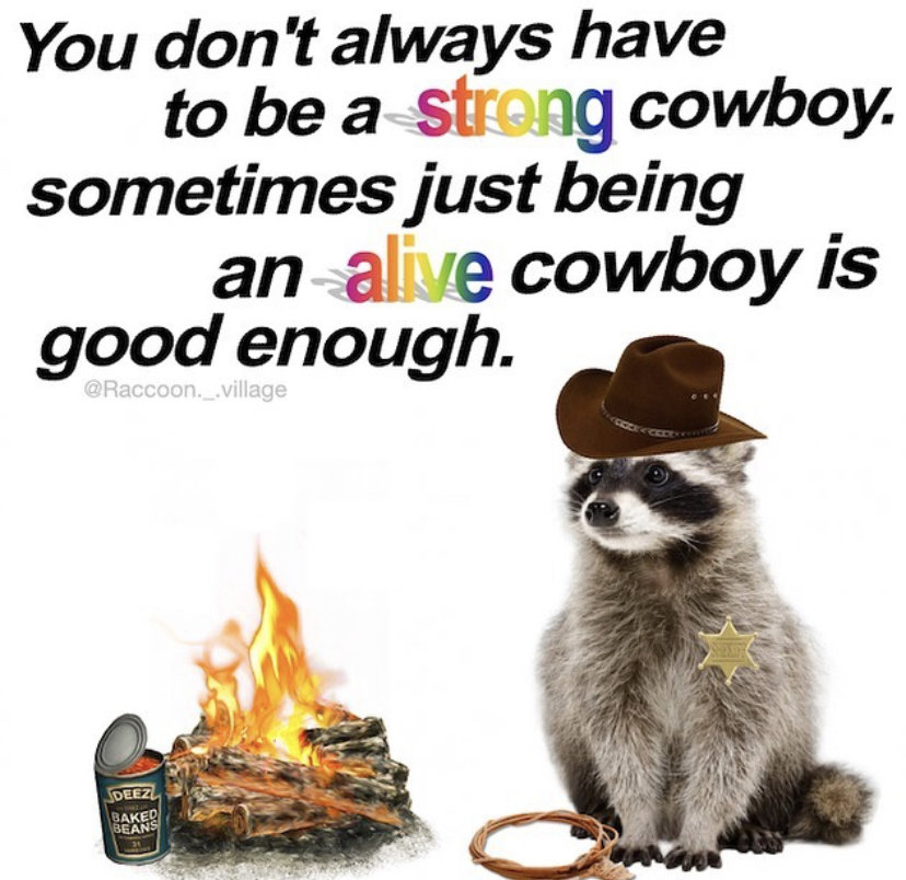 Raccoon cowboy meme: "You don't always have to be a strong cowboy. Sometimes just being an alive cowboy is good enough."
