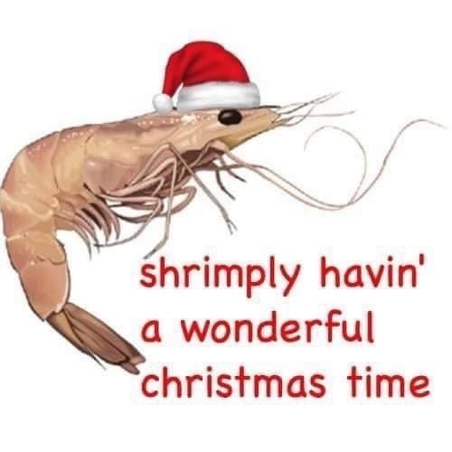 Shrimp in a Santa hat: "shrimply havin' a wonderful christmas time"