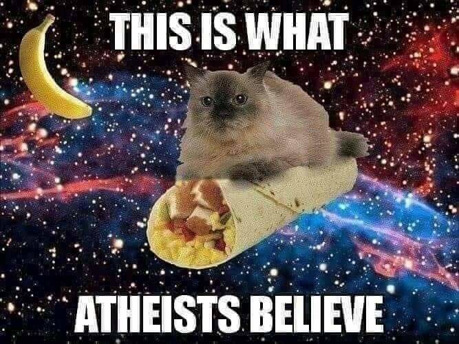 Meme with a starry background. Center: a cat sitting on a breakfast burrito. Left: a banana floats in the top corner. Caption: "THIS IS WHAT ATHEISTS BELIEVE"